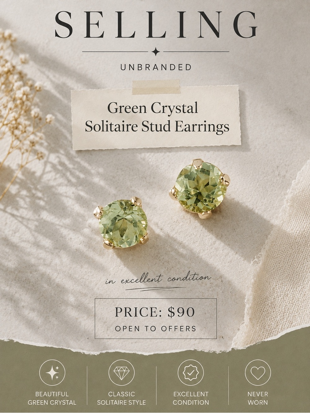 Green Crystal Solitaire Stud Earrings - Unbranded